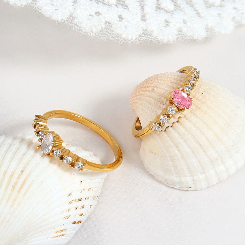 Wholesale Diamond Horizontal Oval Crown Shape Stainless Steel 18K Gold Ring