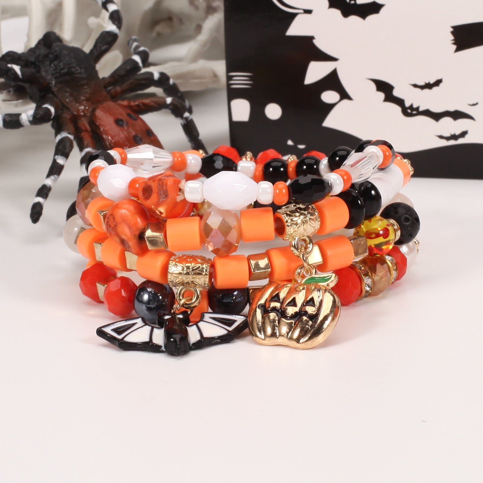 Wholesale Halloween Multi-layer Bat Pumpkin Spider Glass Clay Beaded Bracelet