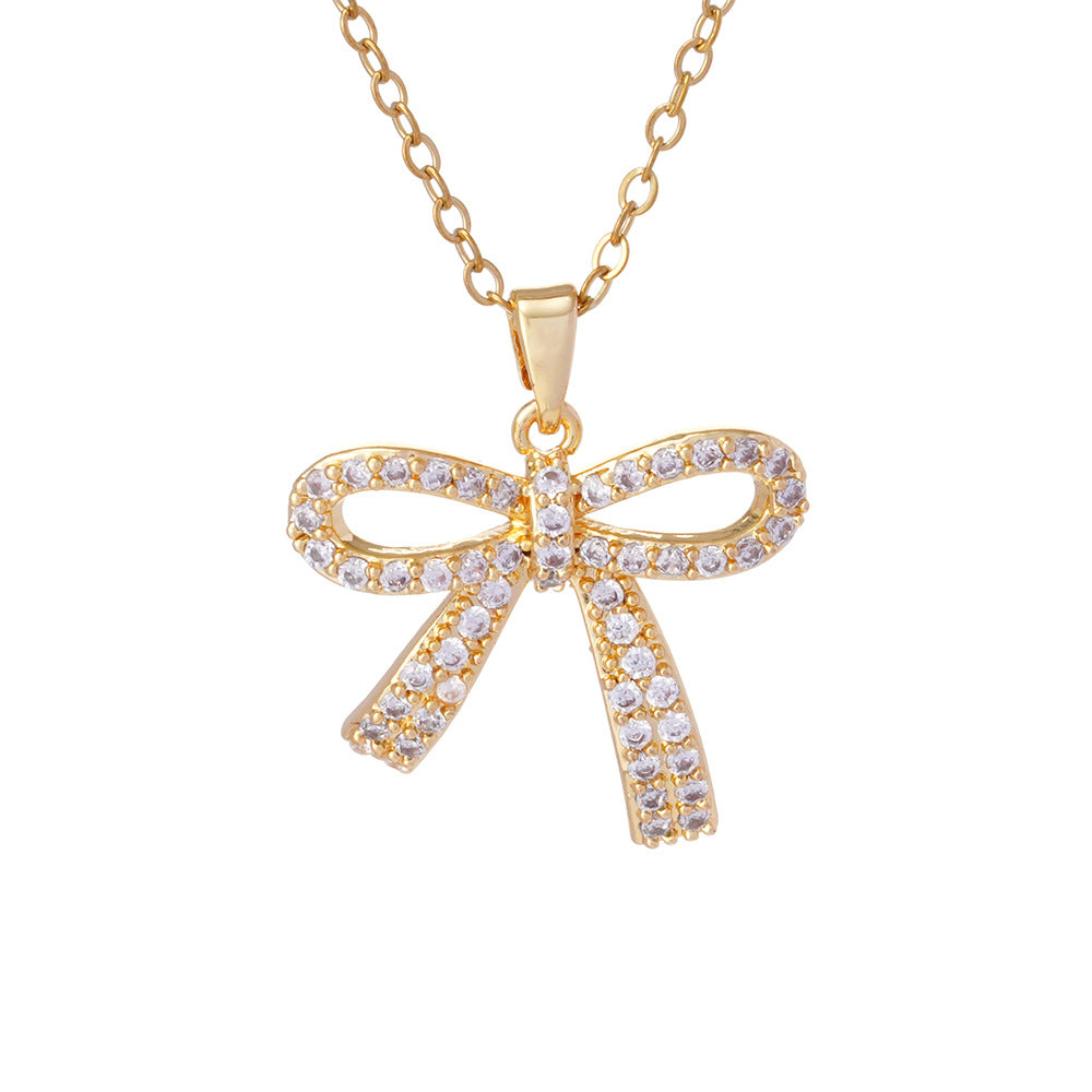 Wholesale Copper Inlaid Zircon Bow Pendant Luxury Versatile Stainless Steel Clavicle Necklace Jewelry