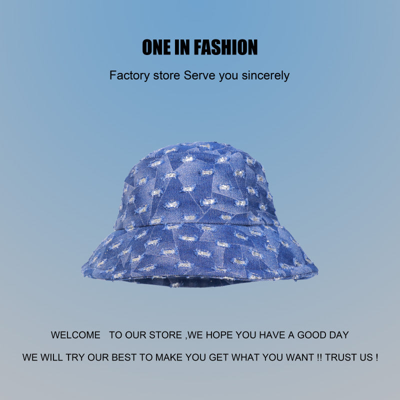 Wholesale Distressed Vintage Washed Denim Bucket Hat Versatile Sequined Diamond Hat