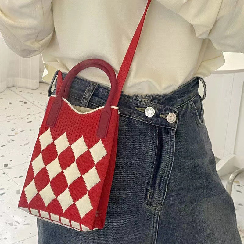 Wholesale Candy Color Mobile Phone Bag Large Capacity Diamond Check Knitted Bag