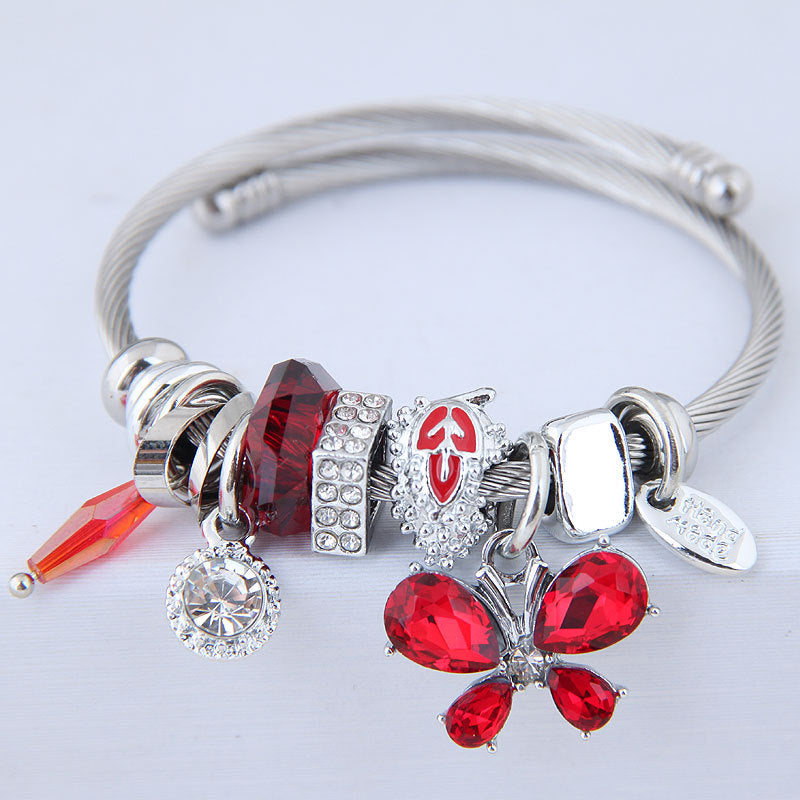 Wholesale Stainless Steel Open Butterfly Crystal Tassel Crystal Beads Beaded Bracelet