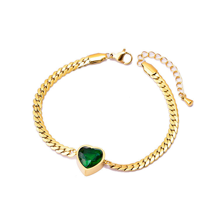 Wholesale European and American Fashionable White Zircon Love Necklace Titanium Steel Bracelet Simple and Versatile Girl Green Diamond Clavicle Chain Bracelet Heart Shape