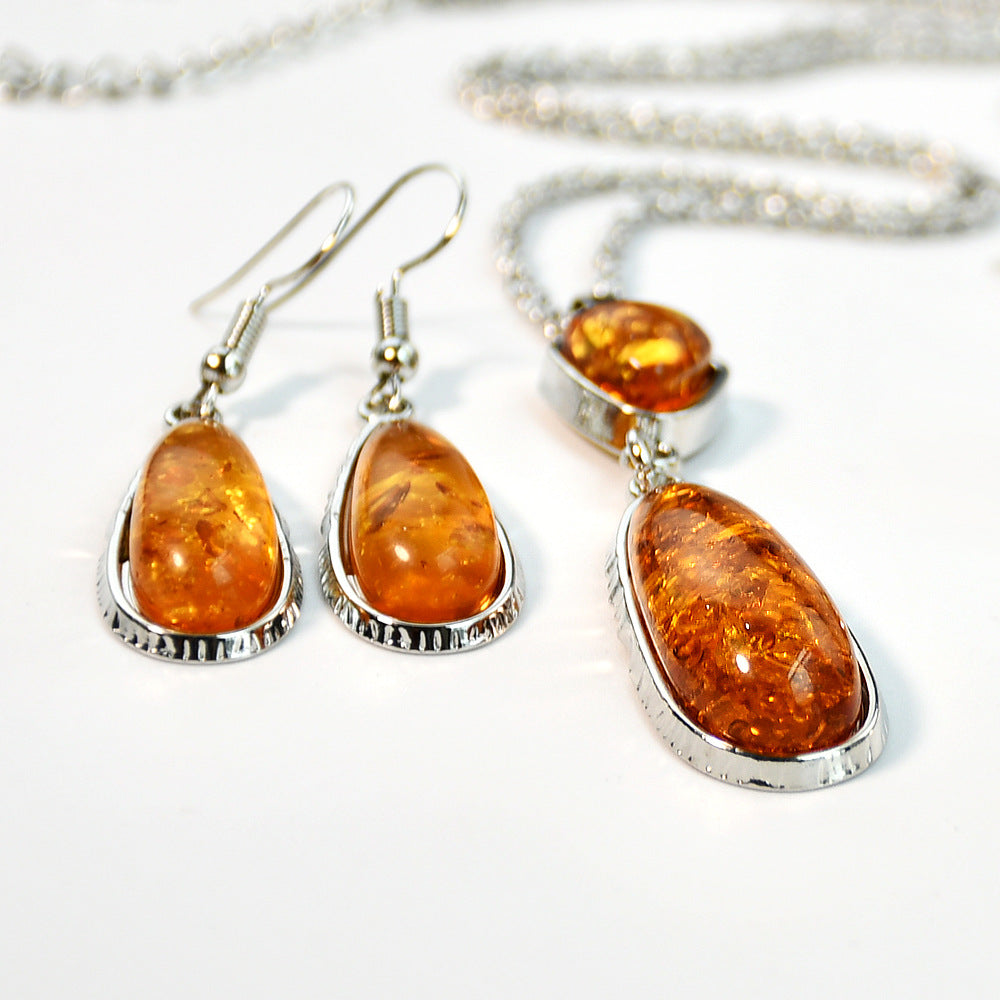 Wholesale Imitation Amber Water Drop Alloy Necklace Earrings Set