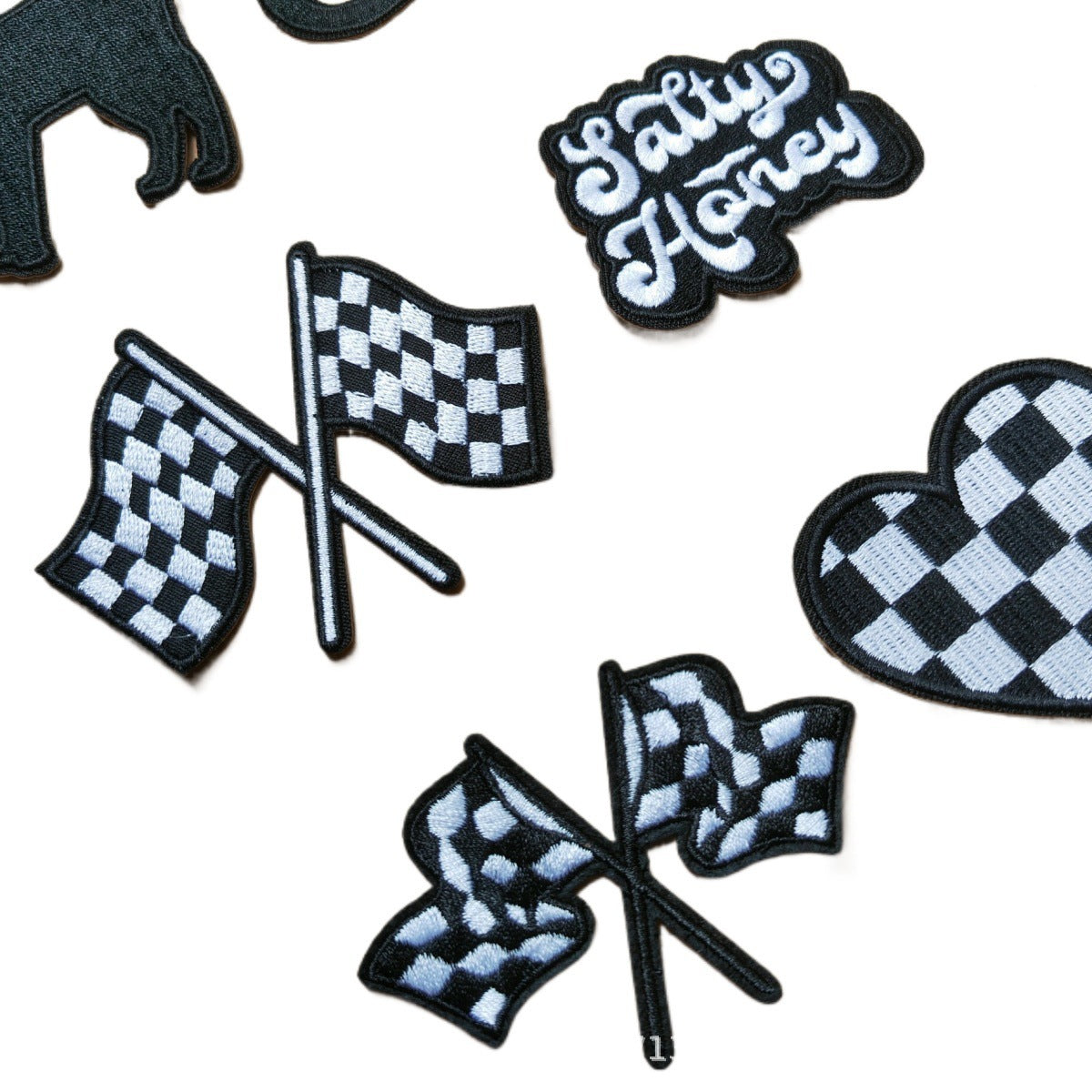 Wholesale Trendy Twill Embroidered Patches Assorted Black White Checkerboard  Web Heart Flag Designs For Towel Decoration DIY Accessory