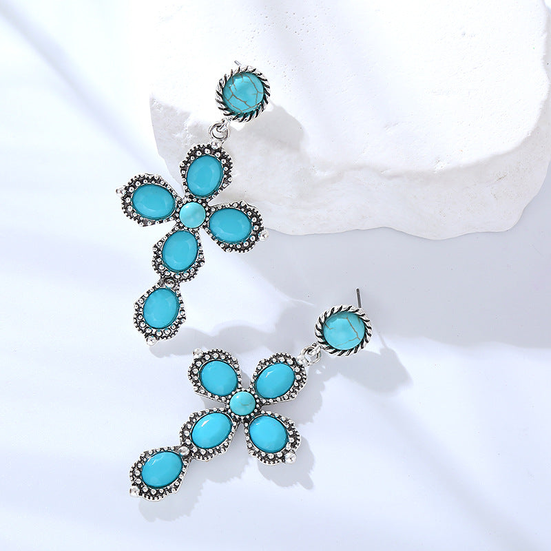 Wholesale Bohemian Retro Ethnic Style Alloy Turquoise Cross Earrings