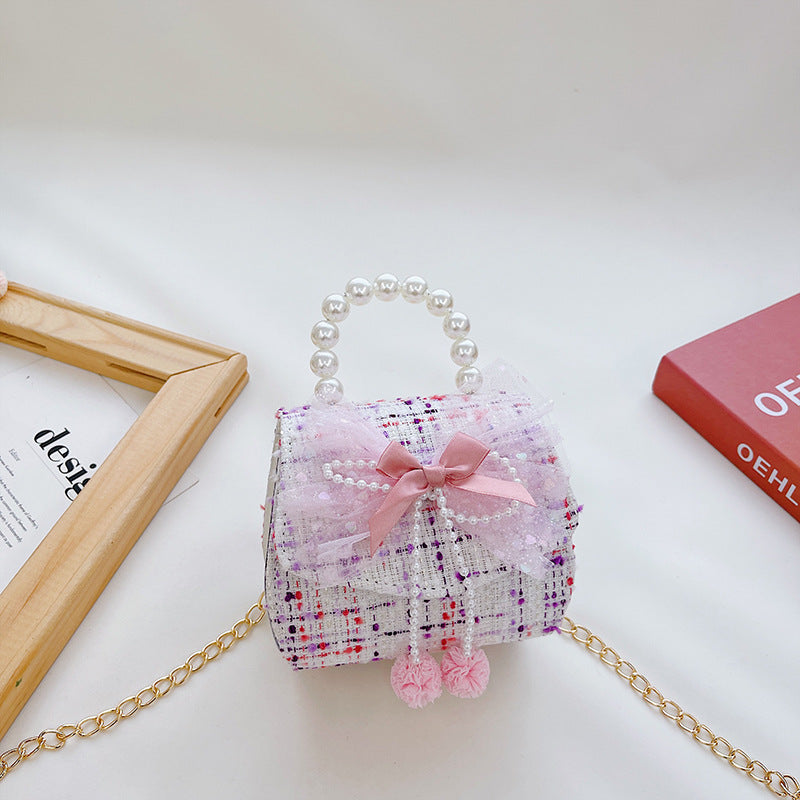 Wholesale Cotton Linen Pearl Bow Kids Shoulder Bag