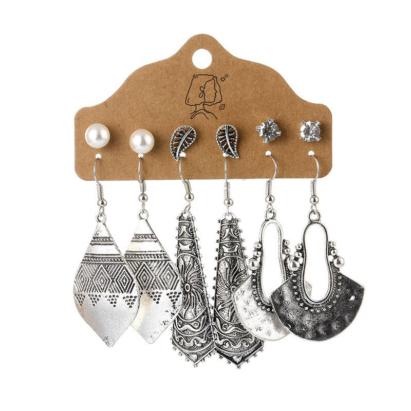 Wholesale Gem Hollow Half-circle Leaf Feather Vintage Earrings 6 Pairs Set