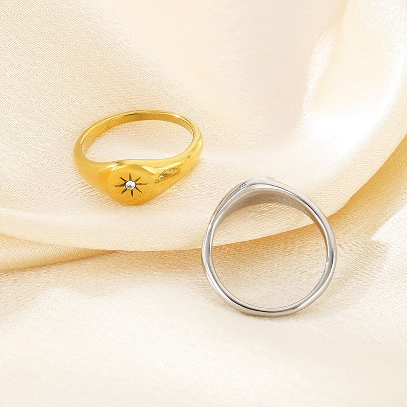 Wholesale Cold Style Oval Polished Diamond Eight-pointed Star Stainless Steel 18K Gold-plated Rings