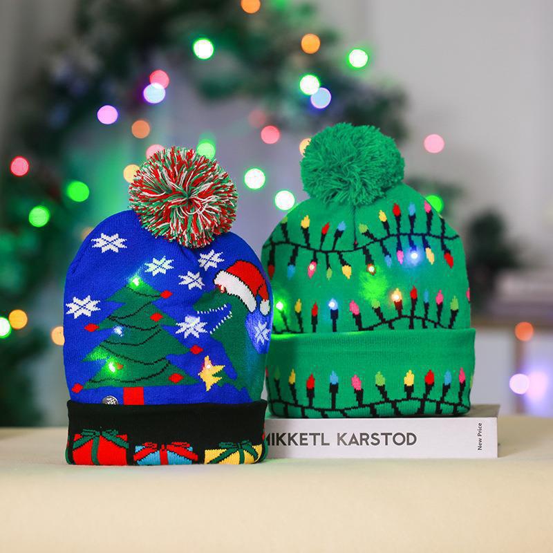 Wholesale Christmas decoration supplies cuffed ball knitted hat LED light  luminous hat adult children hat