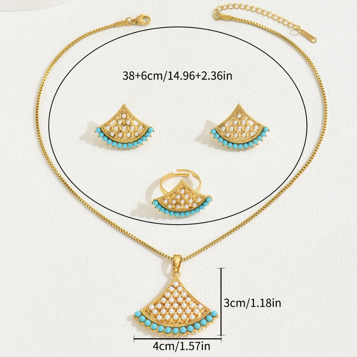 Wholesale Fashion Fan-Shaped All-Match Pearl Inlay Ring Earring Necklace Set