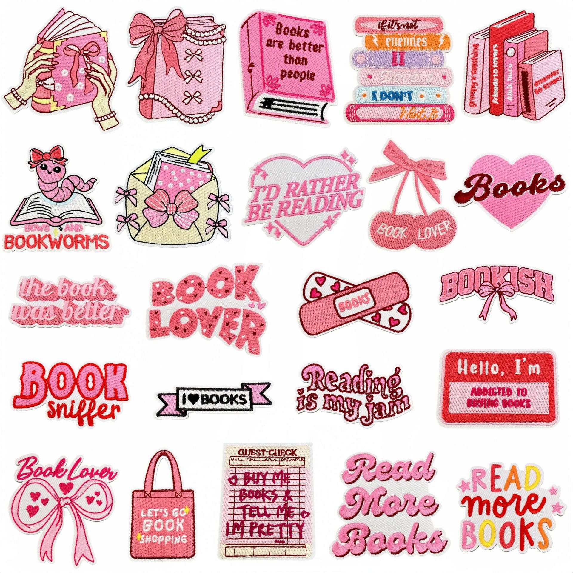 Wholesale Stylish Pink Reading Themed Iron On Embroidered Patches 23 Pack Decorative Accent For Bags Clothes