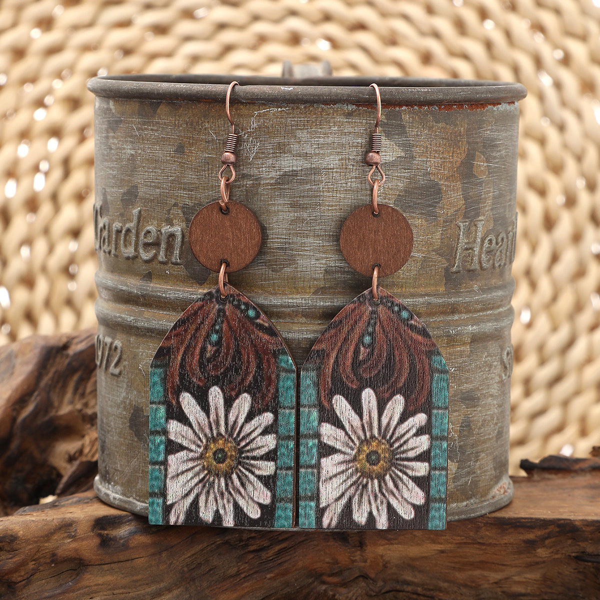 Wholesale Western Style Wooden Bull Head Flower Pattern Earrings