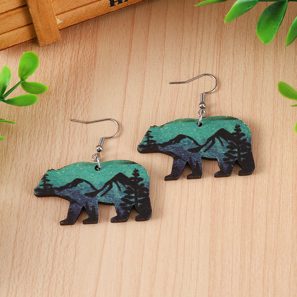 Wholesale Brown Bear Double-Sided Wood Forest Snow Mountain Print Earrings