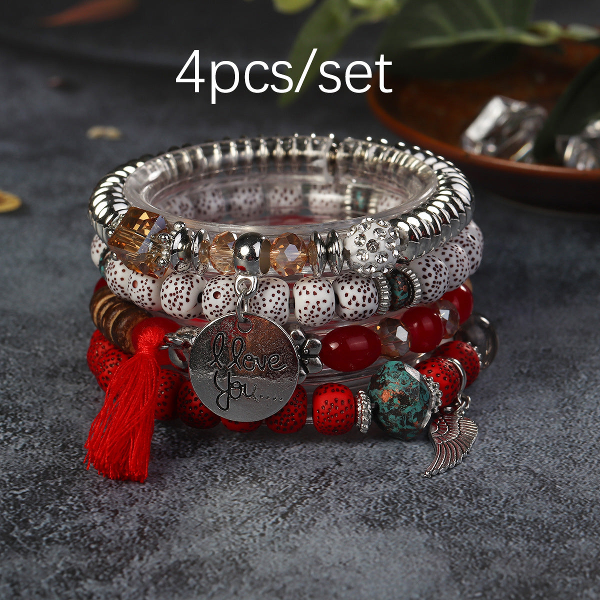 Wholesale I Love You Wings Tassel Glass Elastic Bracelet