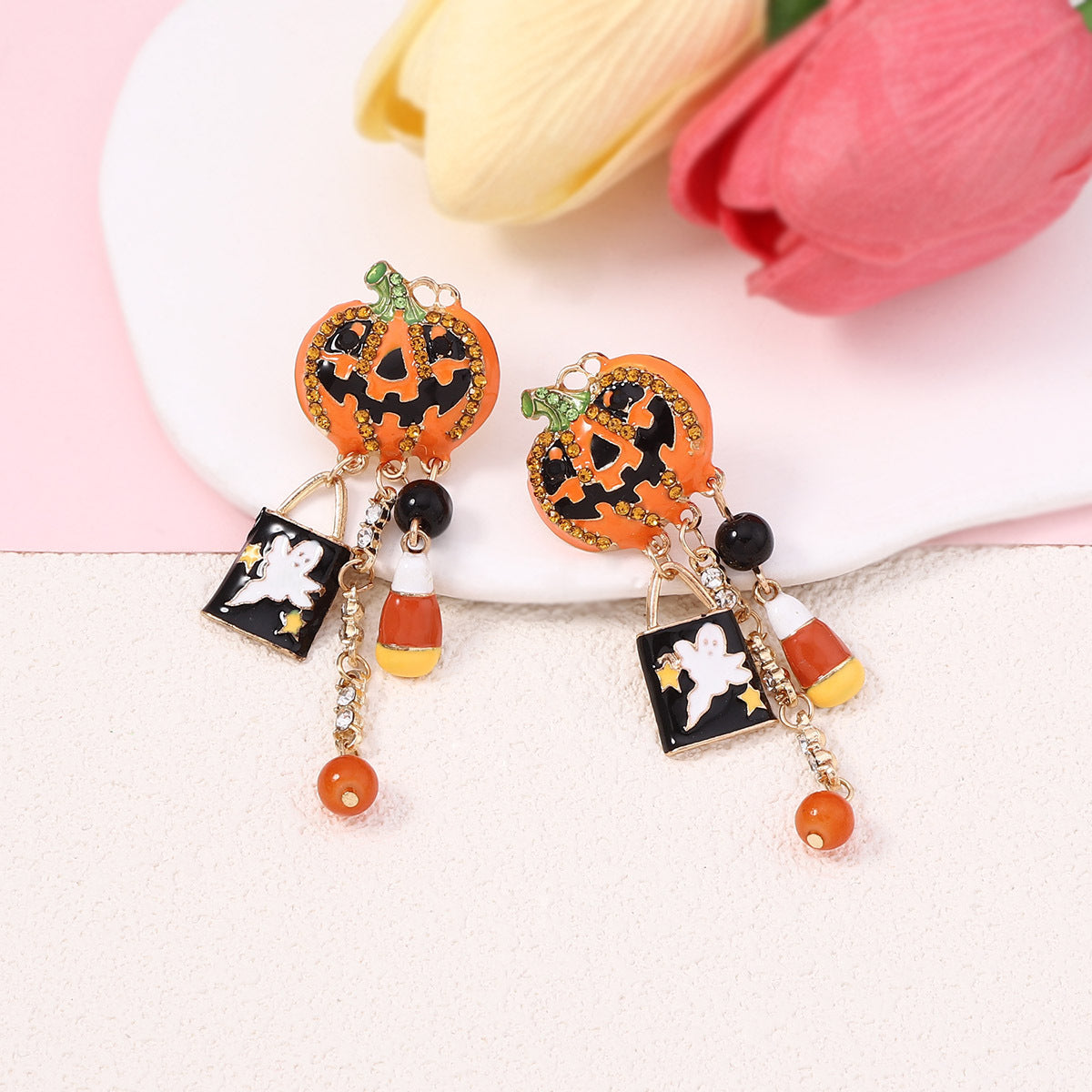 Wholesale Halloween Creative Fashion Oil Drop Funny Zircon Inlaid Pumpkin Skull Tassel Earrings