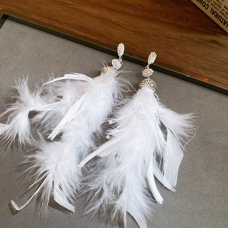 Wholesale Diamond studded bow feather tassel earrings