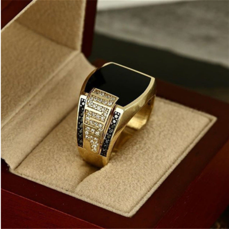 Wholesale Gold Wide Faced Black Diamond Metal Men's Rings