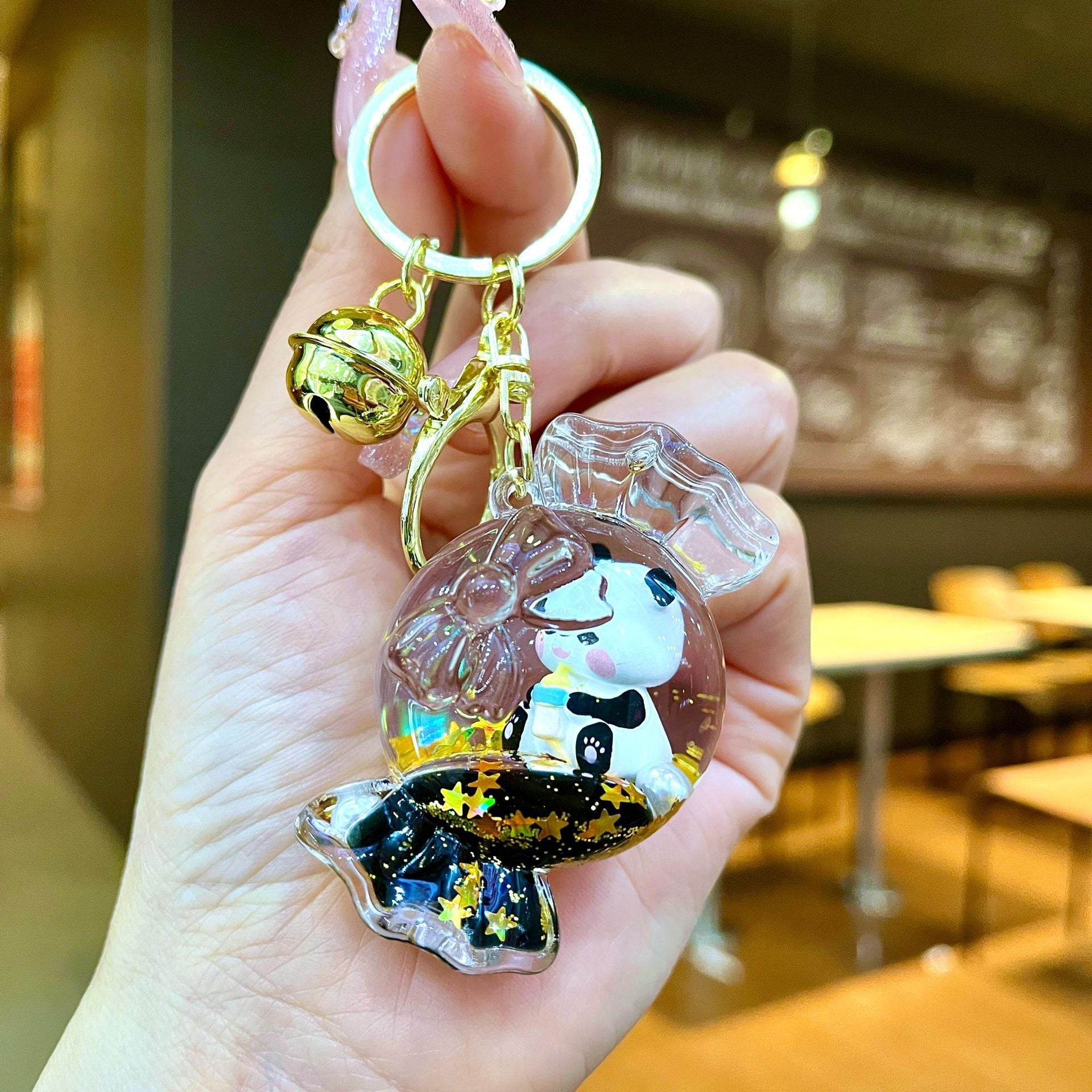 Wholesale Black gold floating cartoon cute panda Liquid Keychains