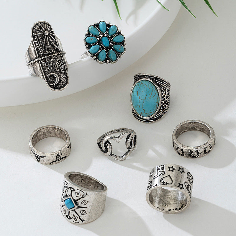 Wholesale Retro exaggerated western style distressed silver turquoise geometric ring set