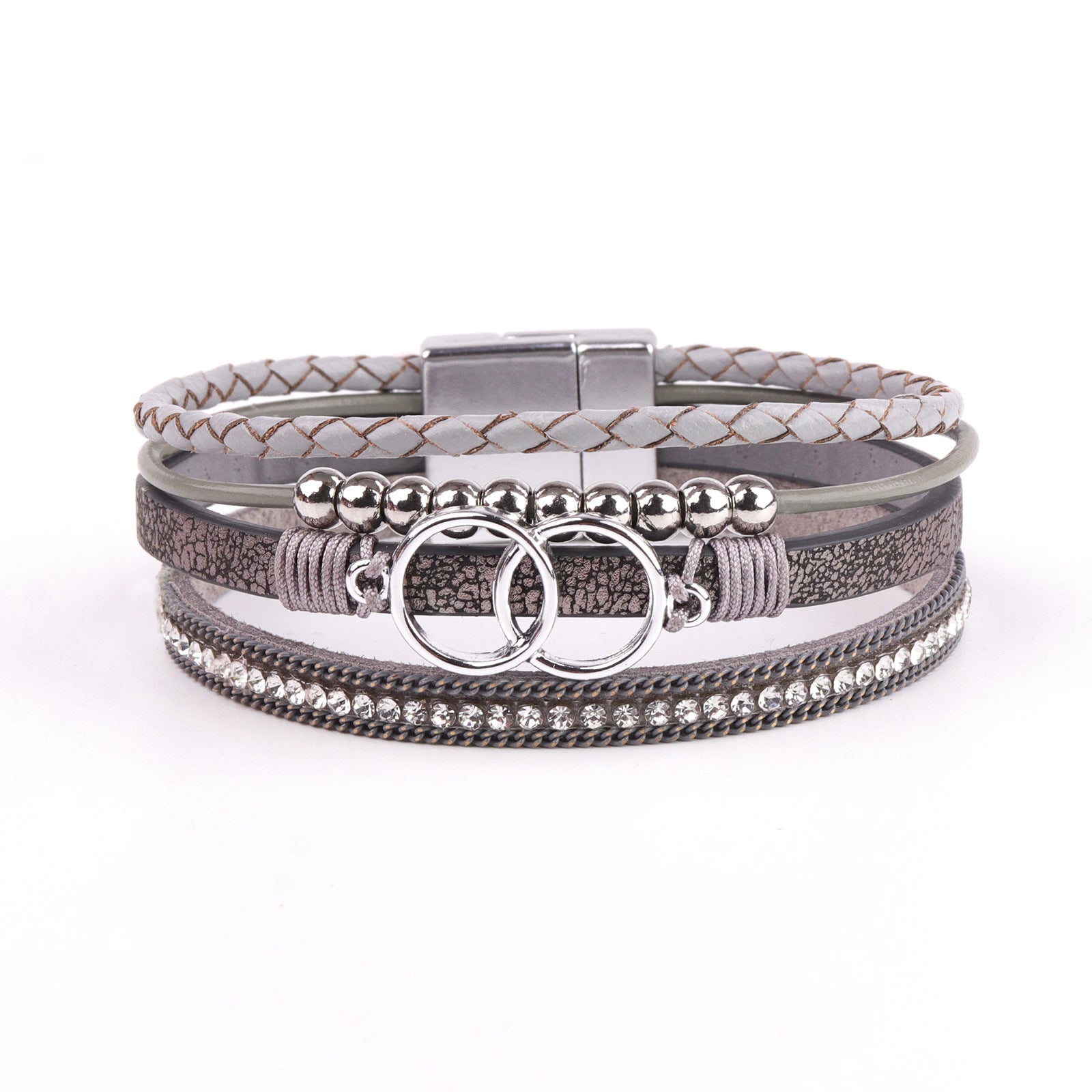 Wholesale Diamond Four Layer Braided Leather Bohemian Bracelet