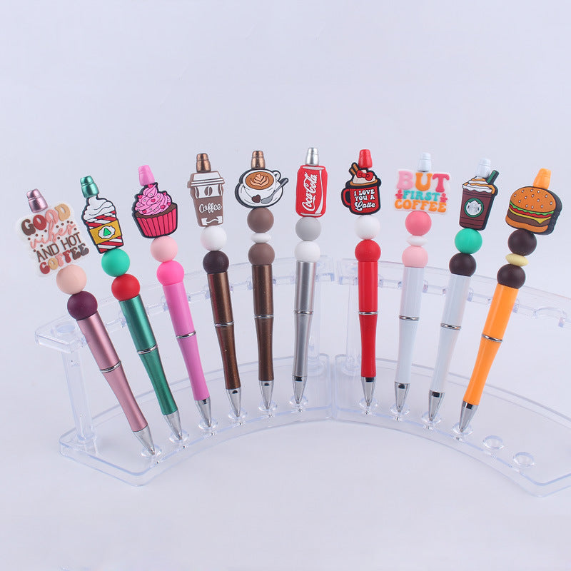 Wholesale Beaded Pens DIY Coffee Cup Silicone Teether Handmade Beaded Colorful Plastic Ballpoint Pen