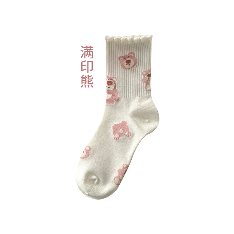 Wholesale Pink Medium Cotton Cute Girl Cartoon Lace Socks