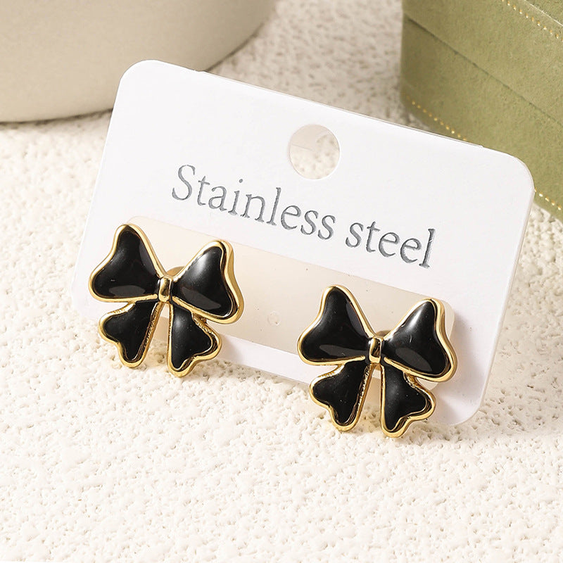 Wholesale Stainless Steel Fashion Light Luxury Versatile Bow Drop Oil Love Enamel Colored Titanium Steel Earrings
