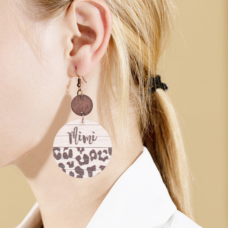 Wholesale Leopard Print Wood Chip Mom Round Earrings