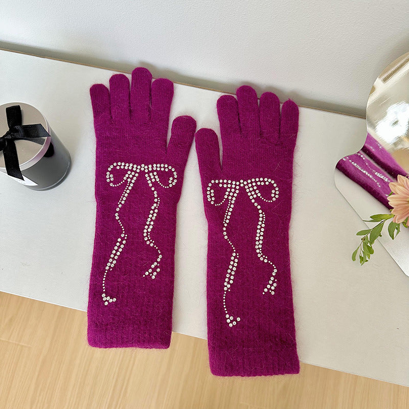 Wholesale Bright Diamond Bow Knit Long Touch Screen Warm Split Finger Gloves