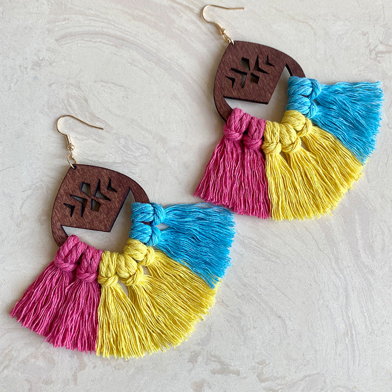 Wholesale Rainbow Chess Bohemian Tassel Hand Braided Earrings