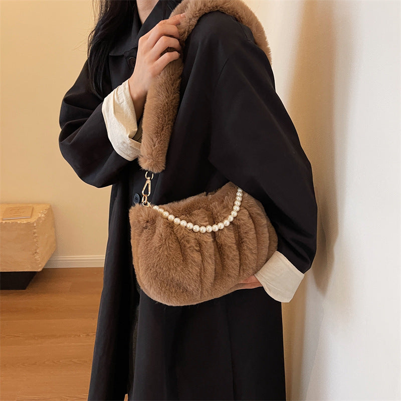 Wholesale Autumn and Winter Plush Bag Pearl Chain Shoulder Bag