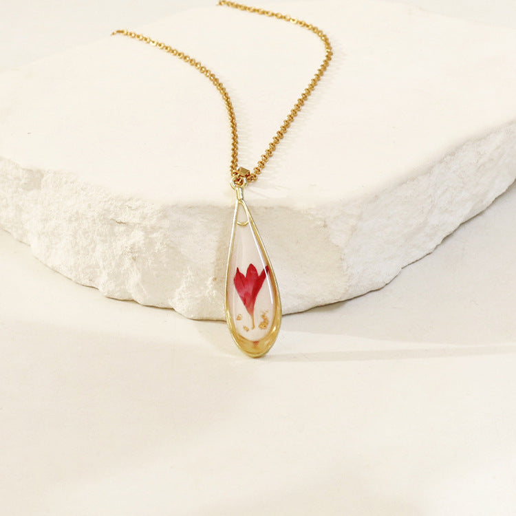 Wholesale 6pcs Resin Colored Dried Flower Pendant Water Drop Necklace