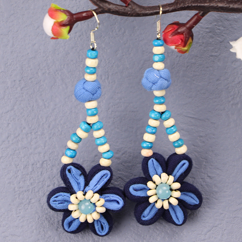 Wholesale Tie-dye blue dye earrings earrings ethnic style buckle flower blue earrings tie-dye earrings