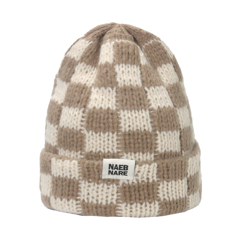 Wholesale Popular Niche Large Head Circumference Wool Thick Warm Checkerboard Plaid Knitted Hat