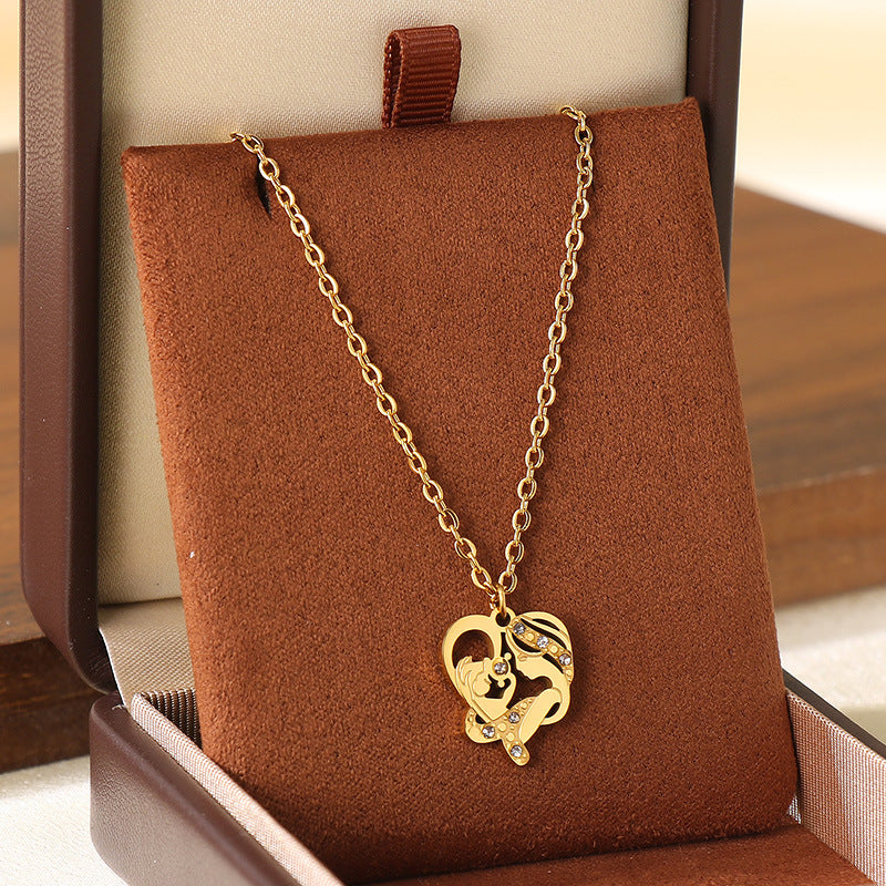 Wholesale Mother' s Day Diamond studded Hollow Moon Love Stainless Steel Necklace