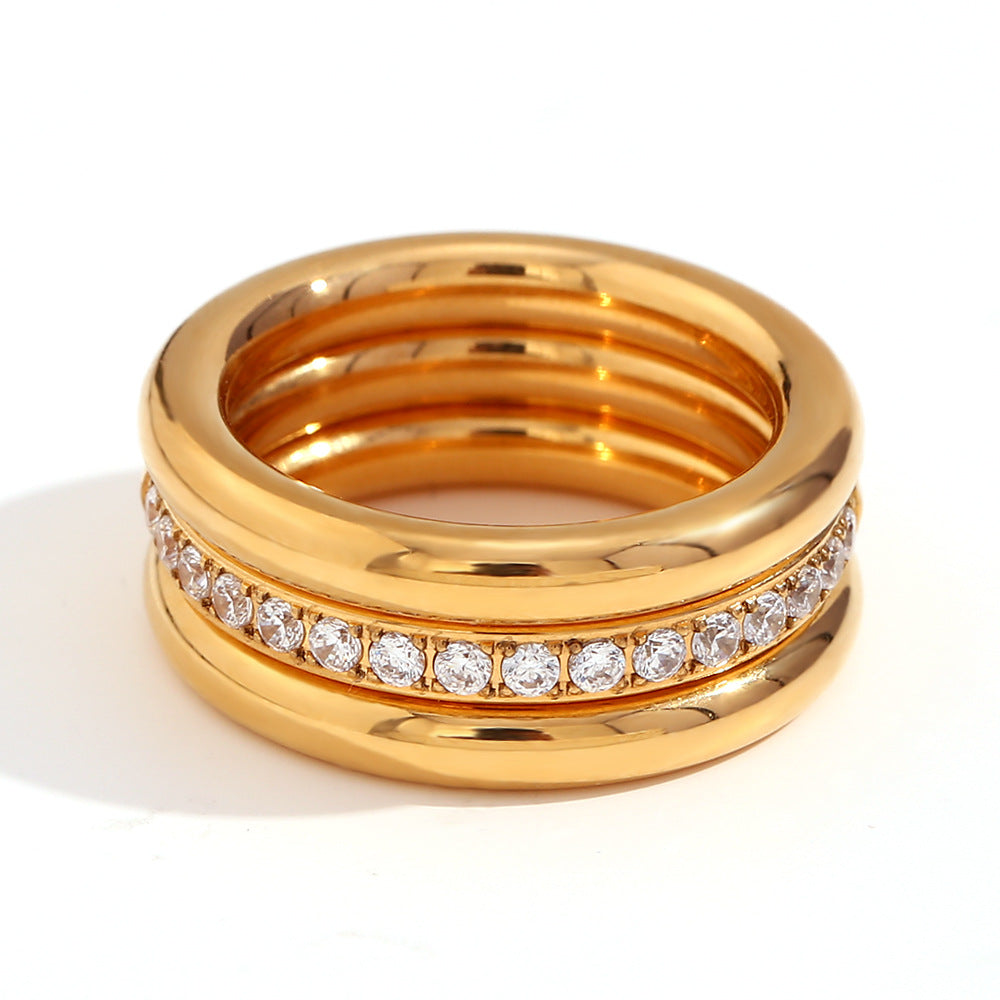 Wholesale Stainless Steel 18K Gold Plated Zircon Plain Three-layer Stacking Rings