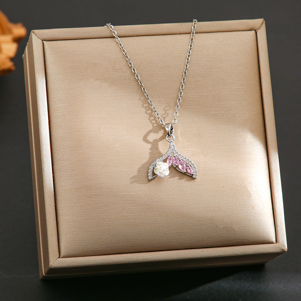 Wholesale Silver titanium steel necklace with powder zirconium inlay
