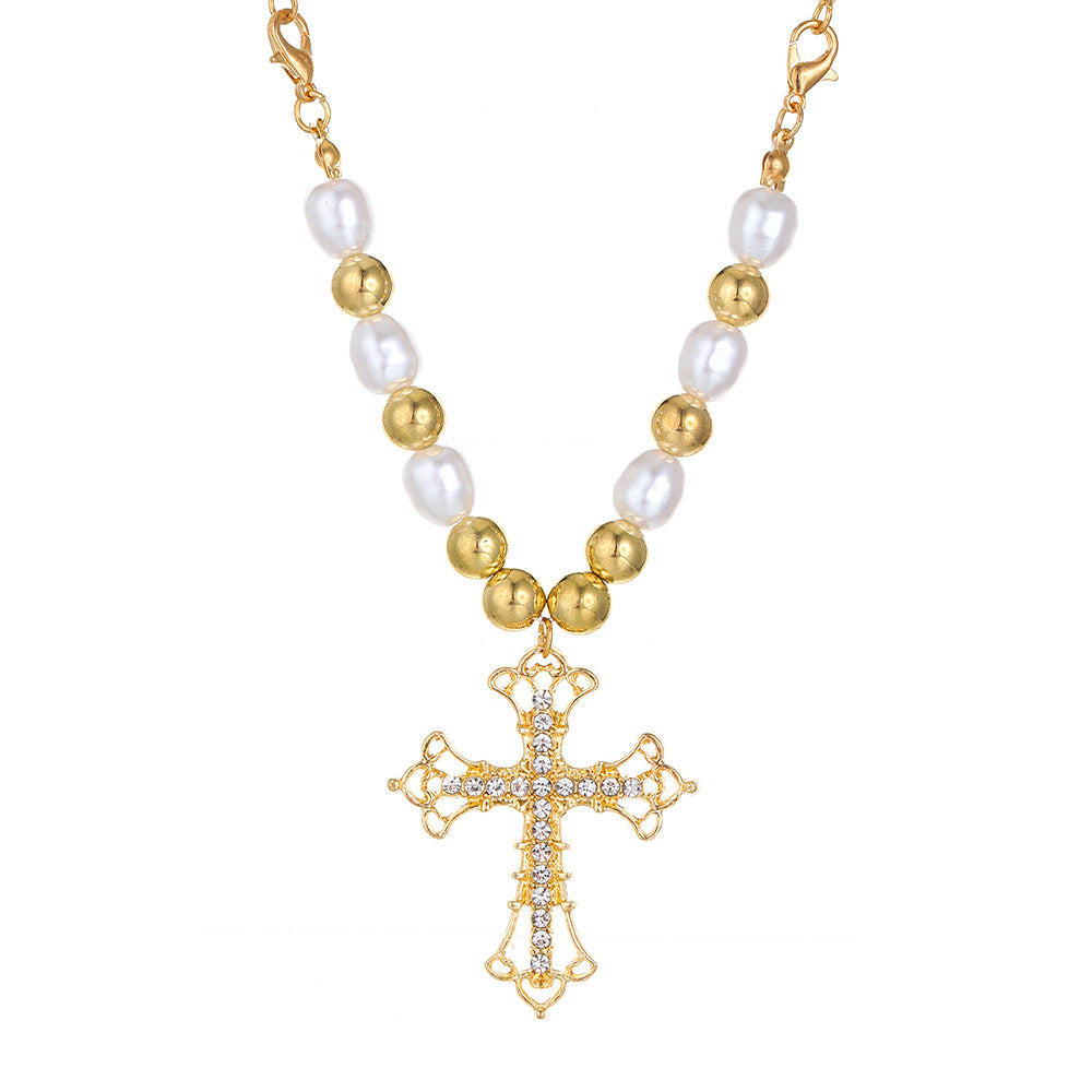 Wholesale Full Diamond Cross Pearl Necklace  Punk Jewelry Accessories