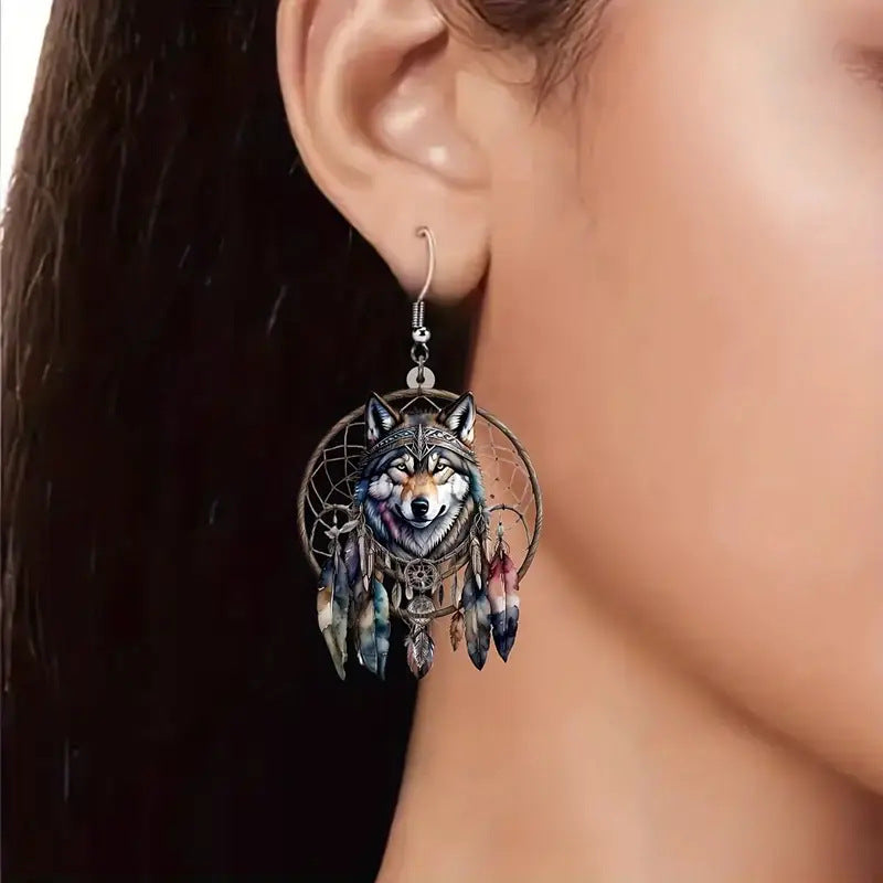Wholesale Vintage Dreamcatcher Wolf Head Acrylic Earrings