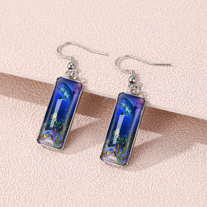 Wholesale Dolphin Time Gemstone Rectangular Glass Earrings