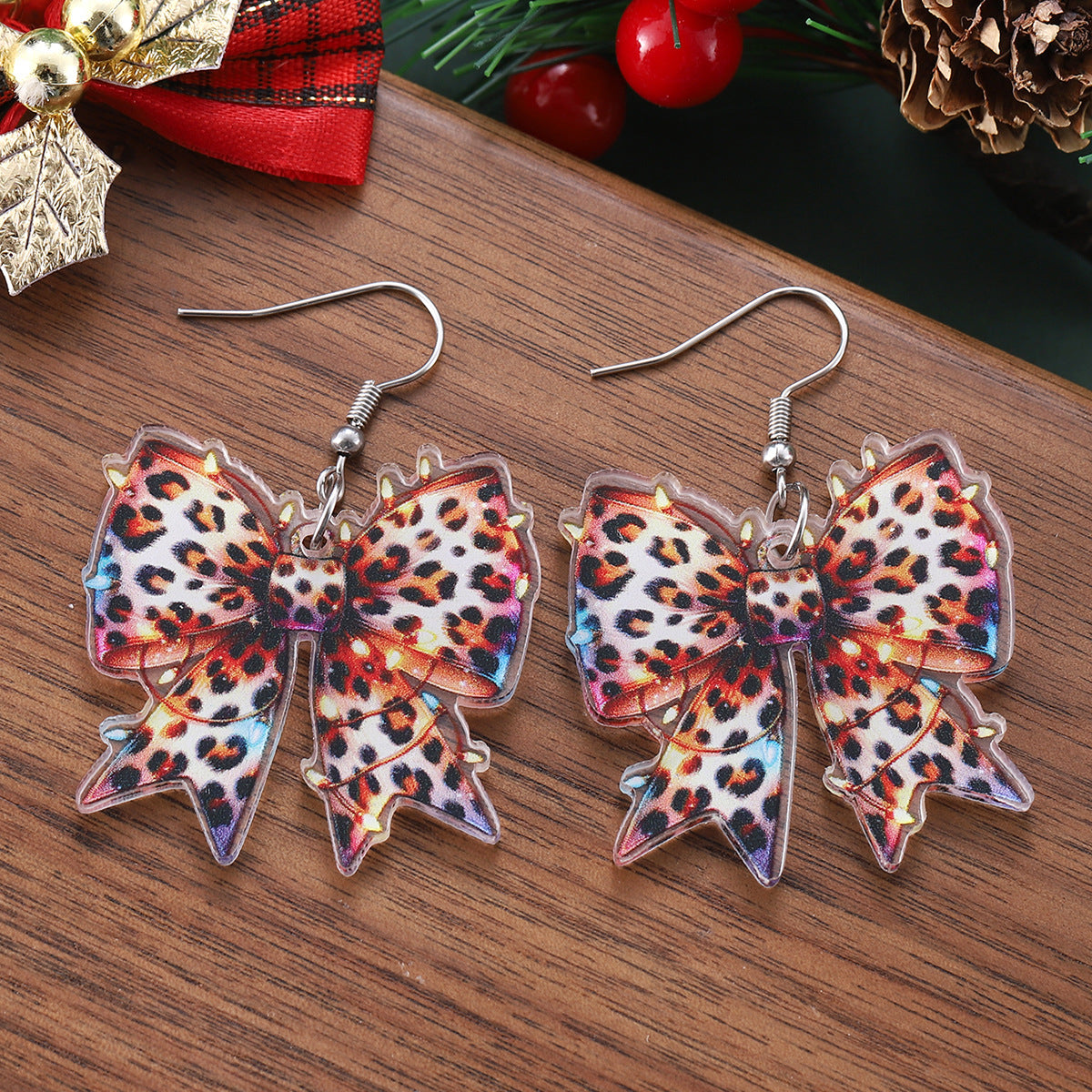 Wholesale Christmas Lights Leopard Print Bowknot Acrylic Earrings
