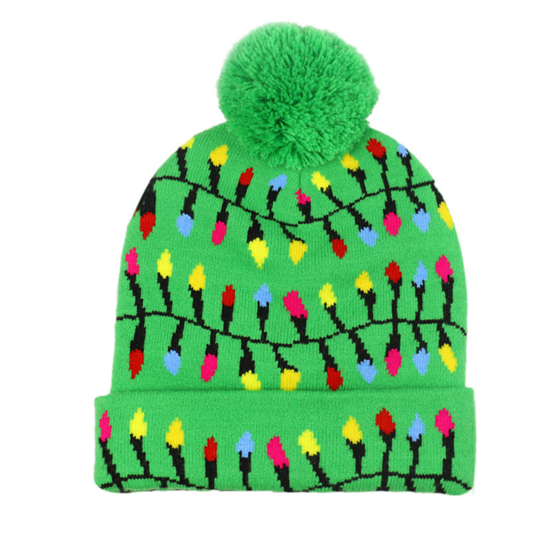 Wholesale Christmas Snowman Elk Christmas Tree Hair Ball Knitted Hat LED Colorful Dazzling Light Woolen Hat