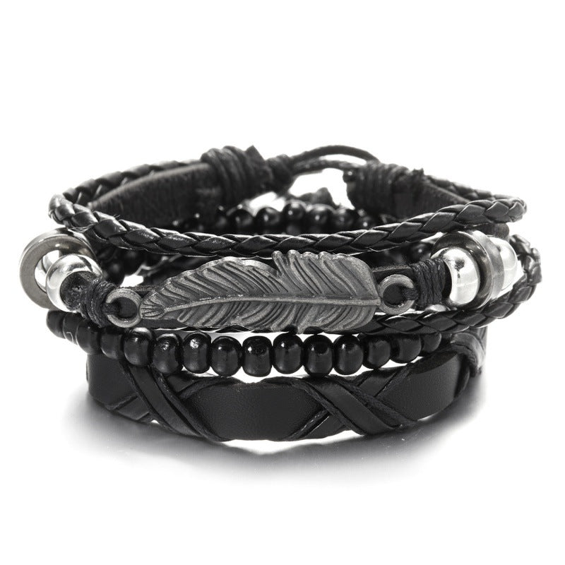 Peads de madera creativos al por mayor pulsera de cuero trenzado de plumas cruzadas