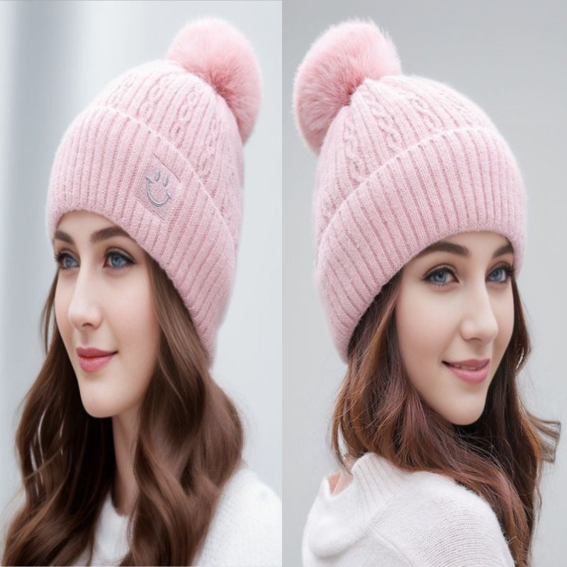 Wholesale Autumn/Winter Cute Versatile Plush Thickened Wool Ball Knitted Warm Ear Protector Hairline Hat
