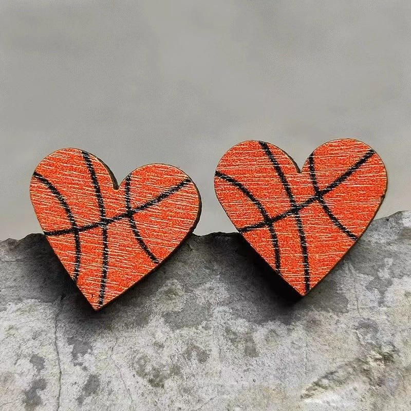 Wholesale Event Sports Accessories Heart Shaped Ball Wooden Earrings