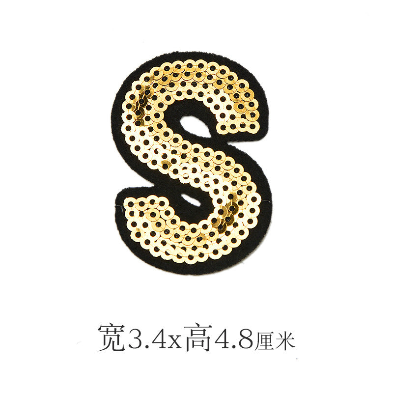 Wholesale Polyester Gold Sequin Alphabet Embroidered Patches For Coats Fashion Clothing Decorative Applique DIY Craft Supply
