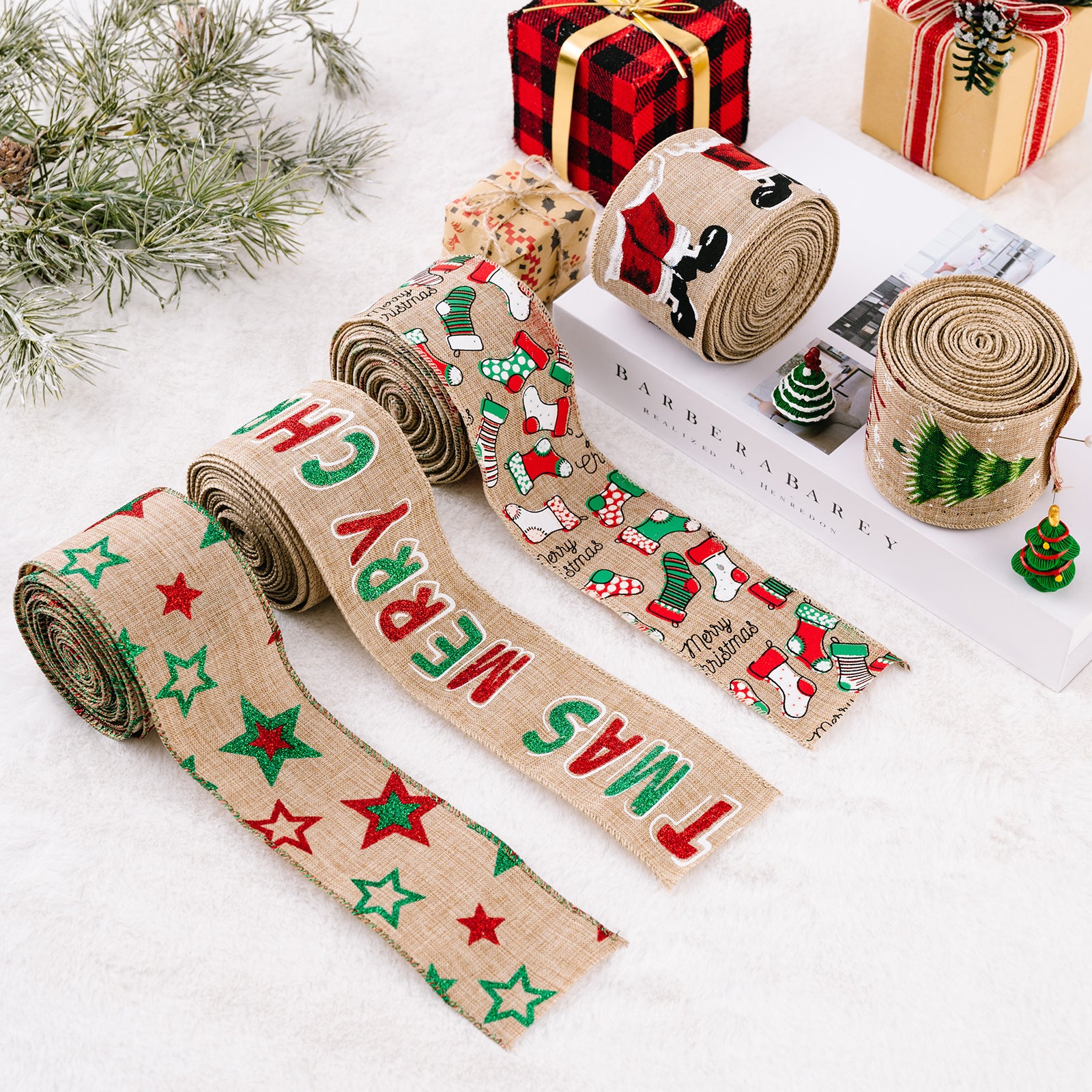 Wholesale Christmas Decorations, Cartoon Stickers, Linen Woven Ribbons