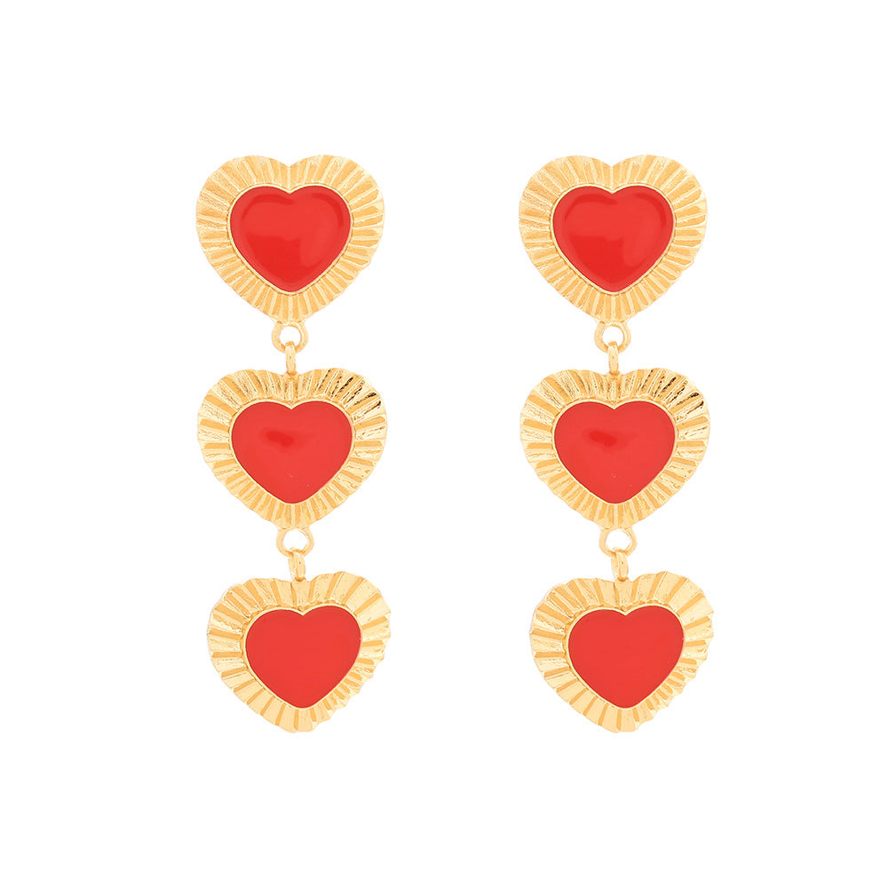 Wholesale Long multi-layered heart-shaped earrings with dripping oil
