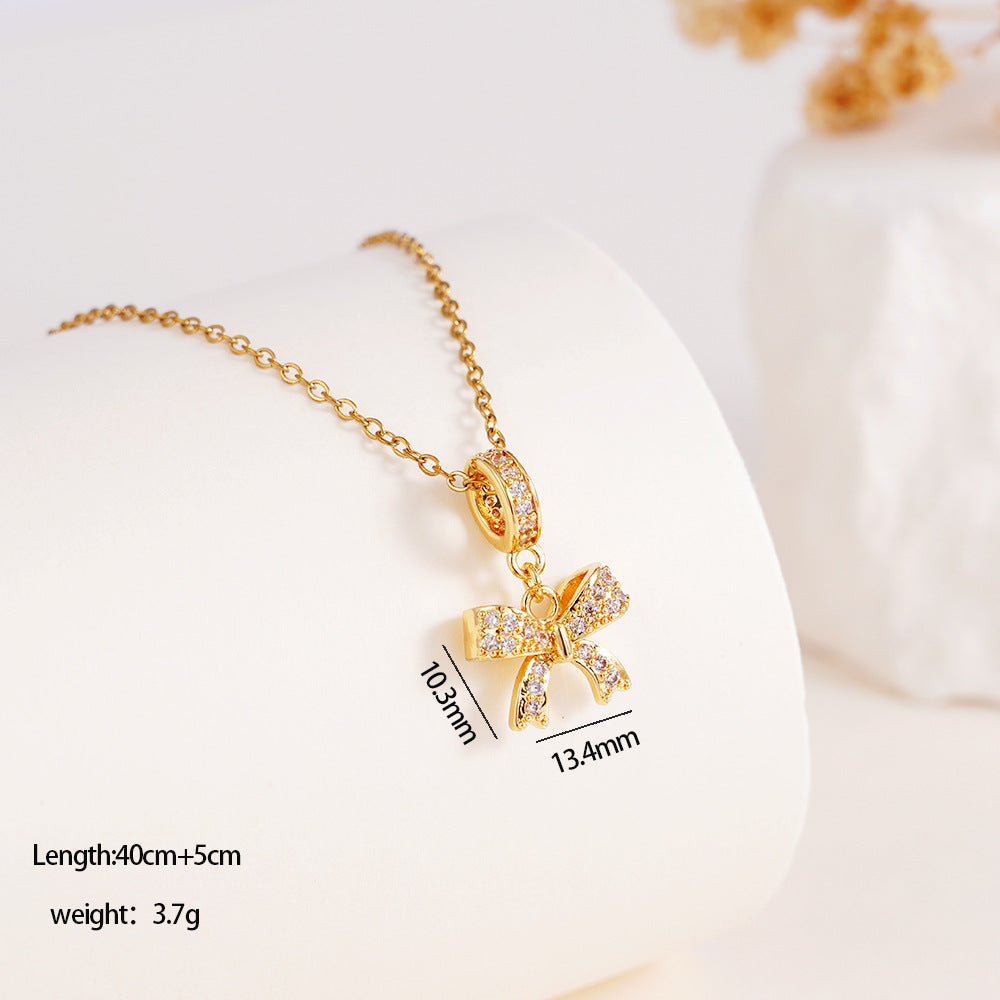 Wholesale Copper Inlaid Zircon Bow Pendant Luxury Versatile Stainless Steel Clavicle Necklace Jewelry